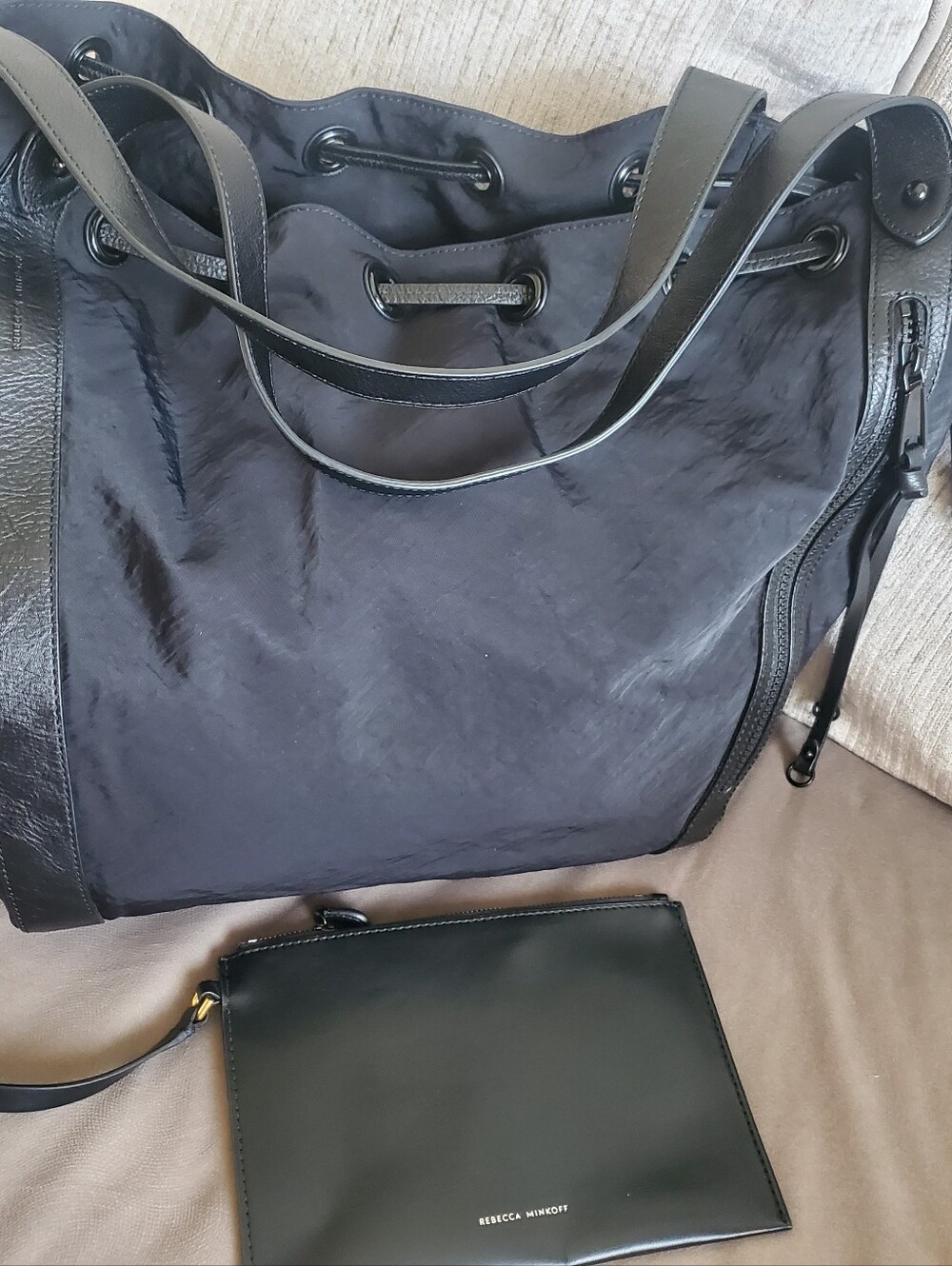 Rebecca Minkoff Drawstring Nylon /leather  Black  Pouch with Black Nylon Tote